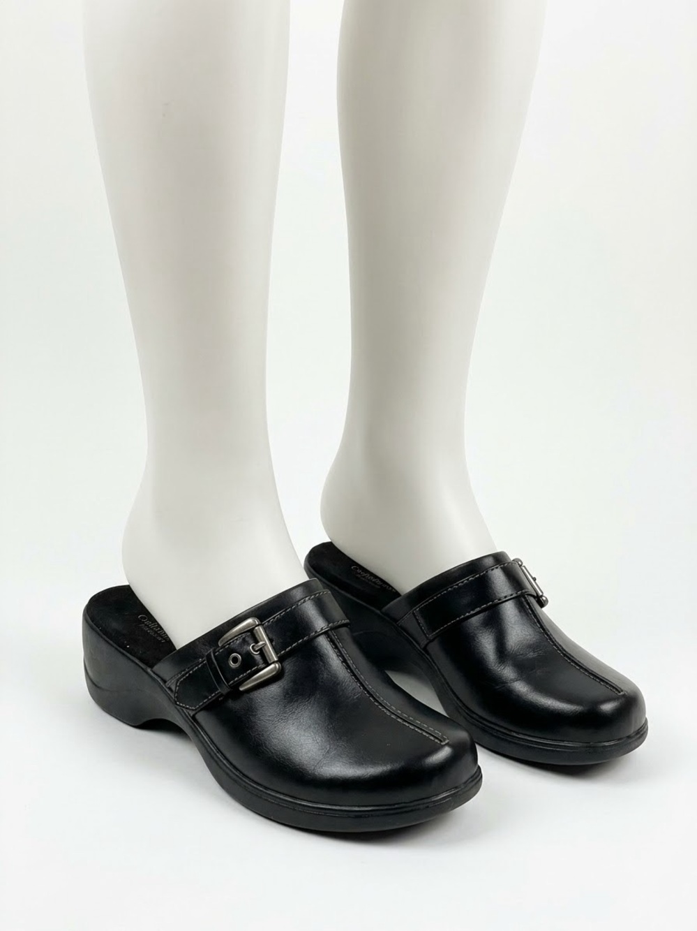 Black Leather Slip-On Clogs with Buckle